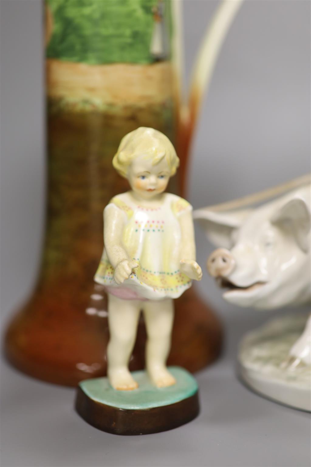 A pair of Royal Doulton Seriesware jugs, a Doulton figure, Little Boy Blue and Worcester figure, Joan and Royal Copenhagen figure of fa